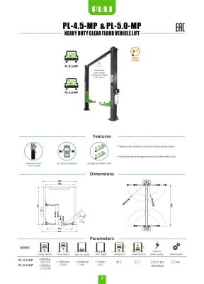 Puli Car Lift Two Post 5 Ton Heavy Duty Car Lift Elevador de vehículos de piso transparente para taller Pl-5.0-MP